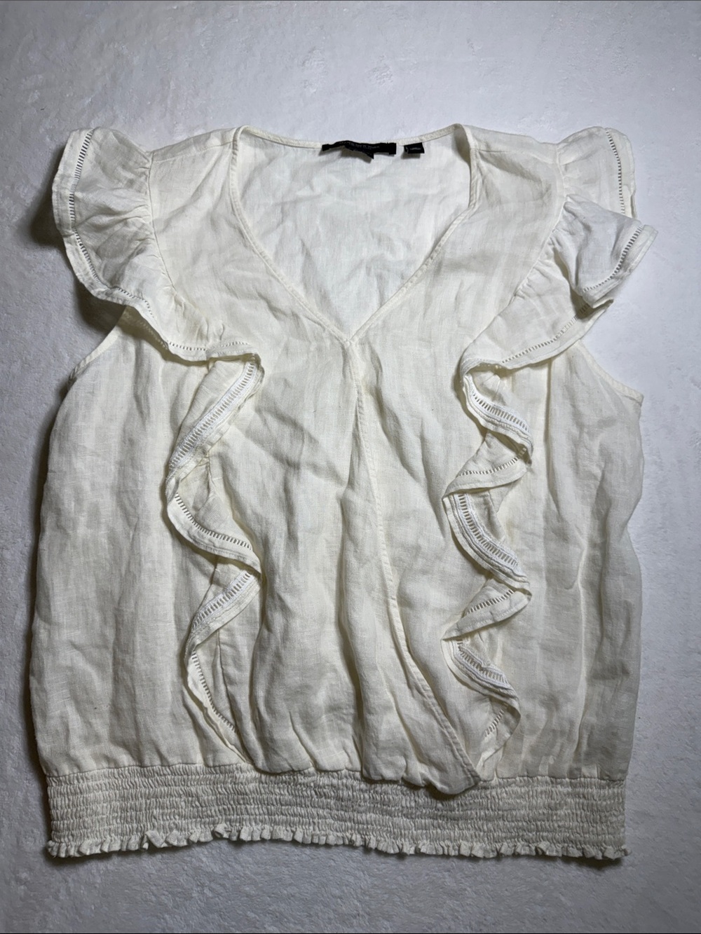 Marc New York Cream Ruffle Trim Linen V-Neck Blouse